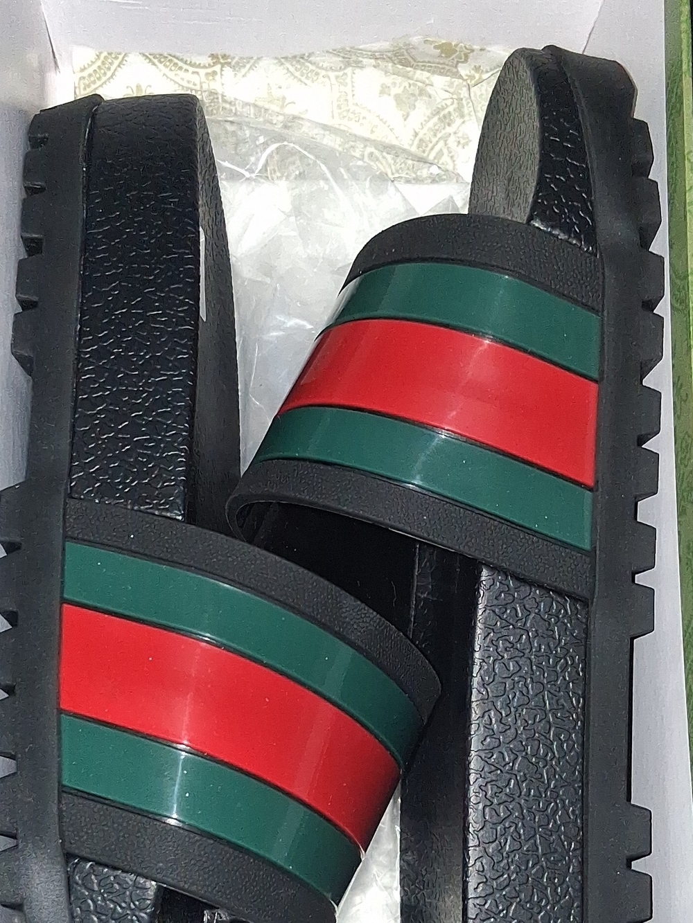 Gucci Black Slides with Green and Red Stripes